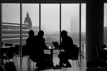 A couple of people sitting at a table by a window, engrossed in conversation or enjoying a meal together, A monochrome silhouette of financial advisors at work, AI Generated