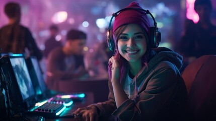 A smiling young girl is playing an internet video game with her online friends at a computer in a...