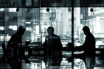 A group of individuals sits around a table, enjoying each others company, against the backdrop of a window, A monochrome silhouette of financial advisors at work, AI Generated - obrazy, fototapety, plakaty