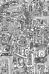 The image portrays a complex network of interconnected lines resembling an electronic circuit or a city map in black and white