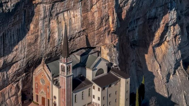 Medieval church Santuario Basilica Madonna della Corona on the cliffs Verona, Italy. High quality 4k footage