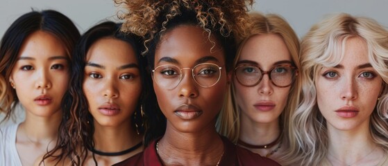 Different ethnicities of woman with different types of skin standing together and looking at camera. Diverse ethnicity of women - Caucasian, African, Asian against beige background. - obrazy, fototapety, plakaty