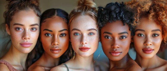 Different types of women with different skin tones standing together and looking at the camera. Diverse ethnicity women - Caucasian, African and Asian against beige background. - obrazy, fototapety, plakaty