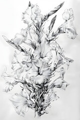 Stunning detailed pencil sketch of gladiolus flowers with intricate shading, creating a realistic and artistic representation