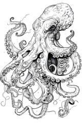 Intricate hand-drawn octopus with detailed tentacles and suction cups covering the image showcasing the beauty of marine life