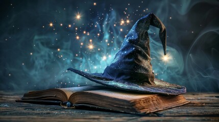 An open book nestled under a wizard hat, symbolizing magic and knowledge - obrazy, fototapety, plakaty