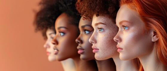Multi-Ethnic group of women, each with a different type of skin color against a beige background....