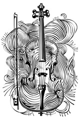 A visually striking illustration of a violin surrounded by bold abstract lines, symbolizing the flow and movement of music