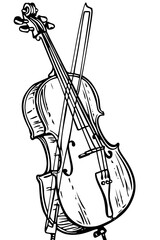 Classic hand-drawn illustration of a violin with its bow, perfect for representing music, tradition, and the fine arts