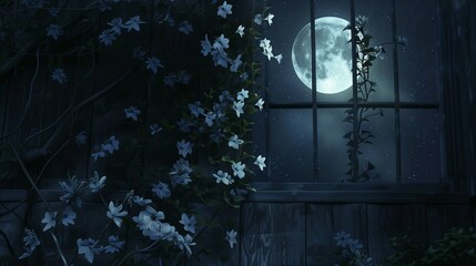 Moonlit jasmine vines twining around a rustic trellis, their fragrant blooms shimmering in the...