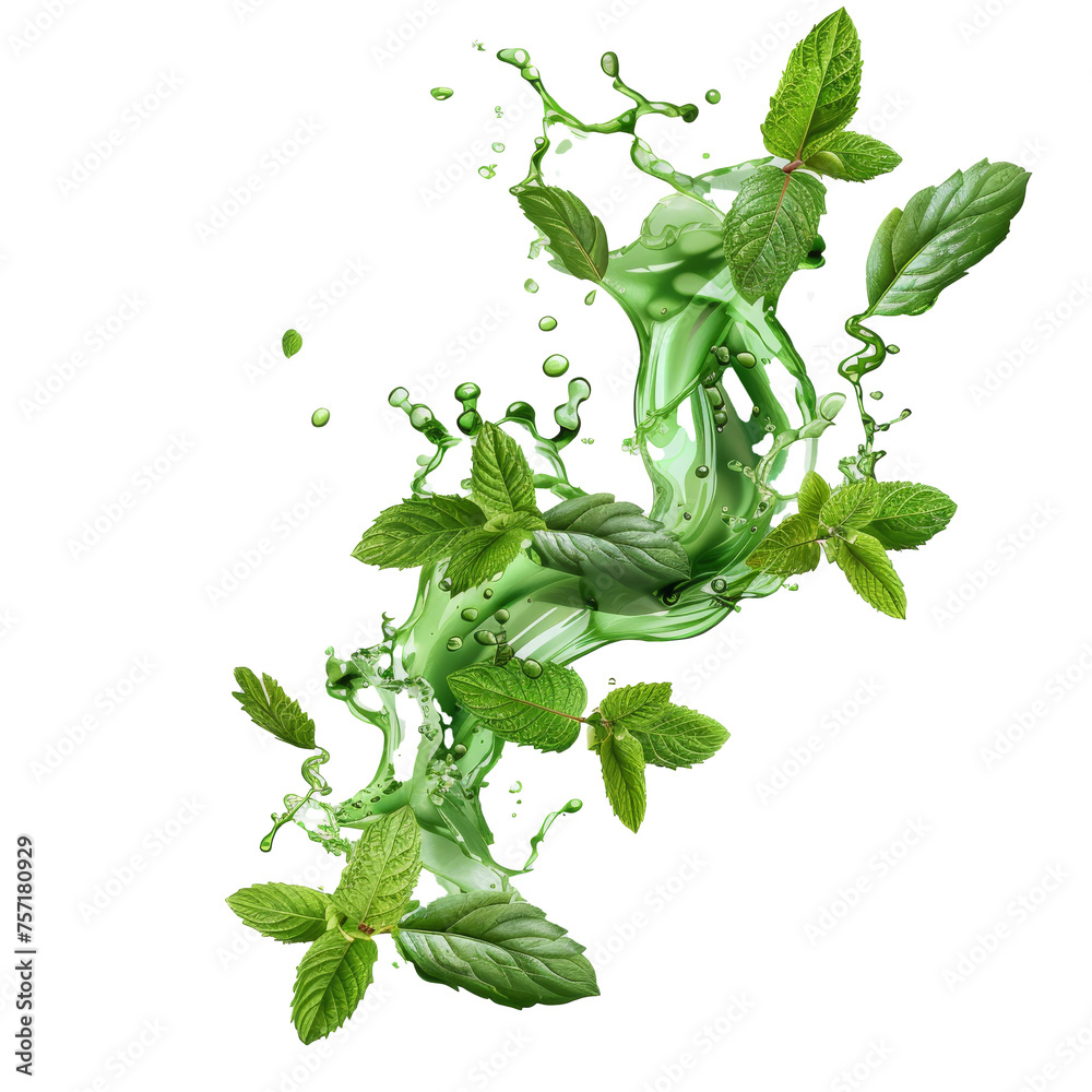 Aufkleber a splash of green tea with mint and matcha on a transparent background. realistic set of liquid wave