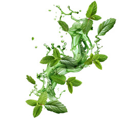 A splash of green tea with mint and matcha on a transparent background.  realistic set of liquid waves of falling and flowing water, a menthol drink, and a cold tea with mint leaves.