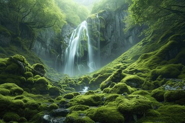 A stunning waterfall flows gracefully amidst the vibrant greenery of a dense forest, A moss-covered forest with a hidden waterfall, AI Generated - obrazy, fototapety, plakaty