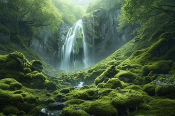 Fotobehang A stunning waterfall flows gracefully amidst the vibrant greenery of a dense forest, A moss-covered forest with a hidden waterfall, AI Generated © Iftikhar alam