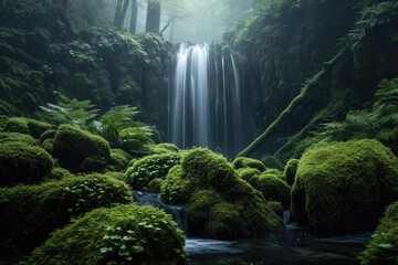 A breathtaking waterfall cascades through a vibrant green forest, displaying the serene beauty of nature, A moss-covered forest with a hidden waterfall, AI Generated