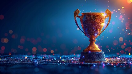 This is a realistic trophy with a polygonal wireframe composition. It represents a gold award. Abstract polygonal shapes isolated on a blue background. A geometric silhouette of pieces connects the - obrazy, fototapety, plakaty