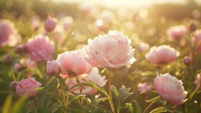 Pastel-hued peonies swaying gracefully in a sun-dappled meadow, a vision of floral splendor.