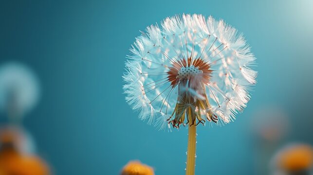 A macro picture of dandelion with a blue background. Freedom to Wish. Seed macro closeup. Goodbye Summer. Hope and dreams concept. Fragility. Springtime. Soft focus. Macro nature.