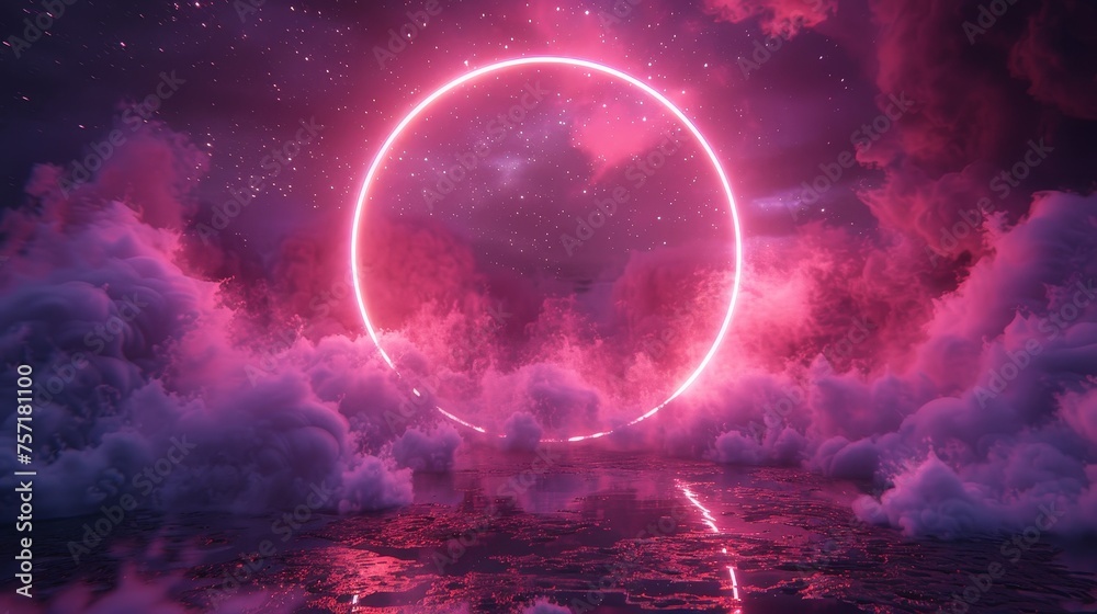 Poster Modern illustration of a neon ring with a violet background and star dust. Conceptual illustration of a round frame as a visualization of a futuristic cyber space.