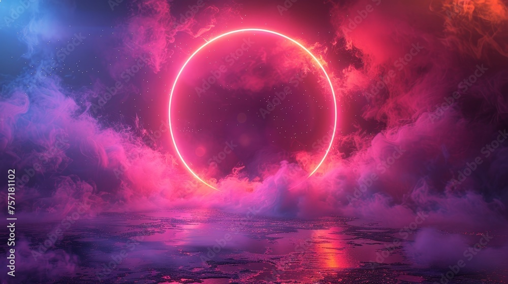 Poster this is a luminous neon ring on a violet background in fog and star dust modern illustration. a futu