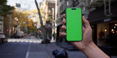 Hand holding a smartphone with a green screen on an urban city street background - 757181181