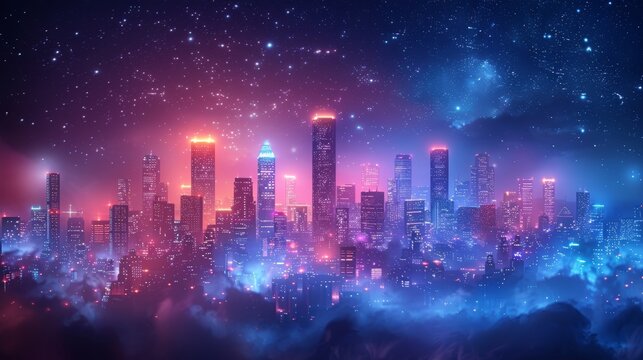 Isolated on blue background, smart city modern illustration with a polygonal skyscraper at night in the clouds.