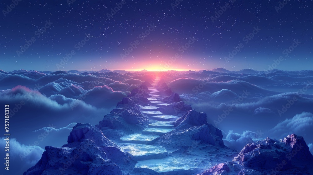 Fototapete success concept with a path to the top of a mountain in digital futuristic style on a blue backgroun