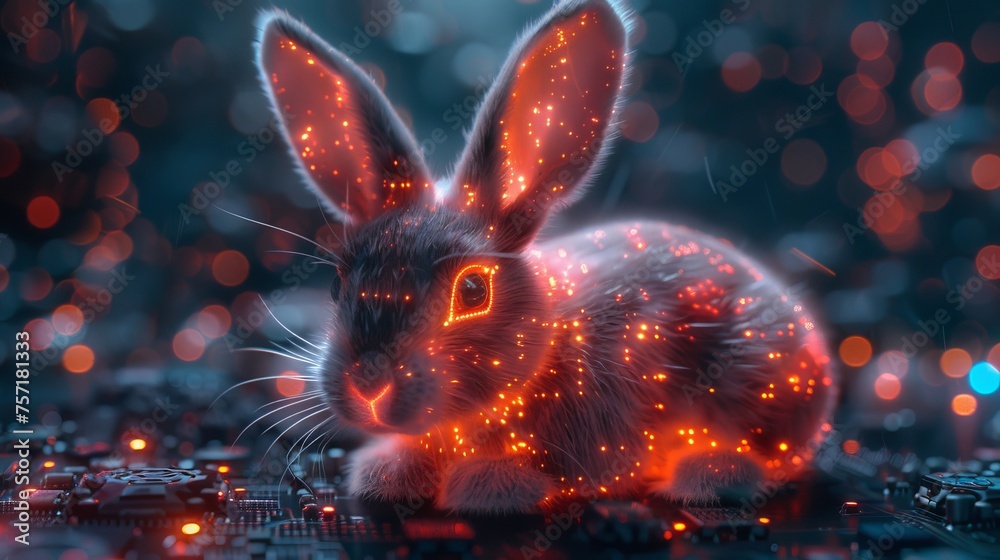 Poster This Easter neon bunny is in a glowing futuristic style. Greeting card with a holiday theme. 3D model of hare ears with computer board pattern.