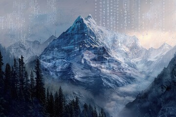 Artistic representation of a mountain landscape adorned with an intricate arrangement of numerical figures, A mountainscape constructed from binary code, AI Generated
