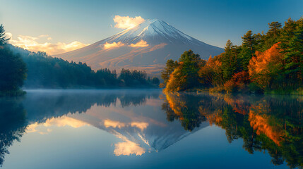 Mount Fuji reflected in lake at sunrise, Japan. - obrazy, fototapety, plakaty