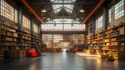 Warehouse interior with shelves and a forklift - obrazy, fototapety, plakaty