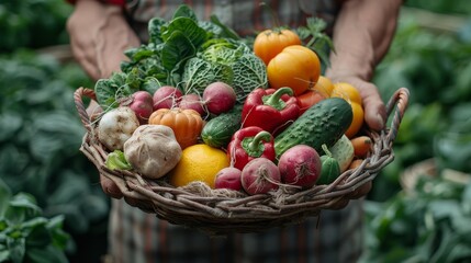 In the hands of a farmer (describing cabbage, carrots, cucumbers, radish and peppers), a basket of vegetables (cabbage, carrots, cucumbers, radish and peppers). Bioproducts, eco-ecology, grown by