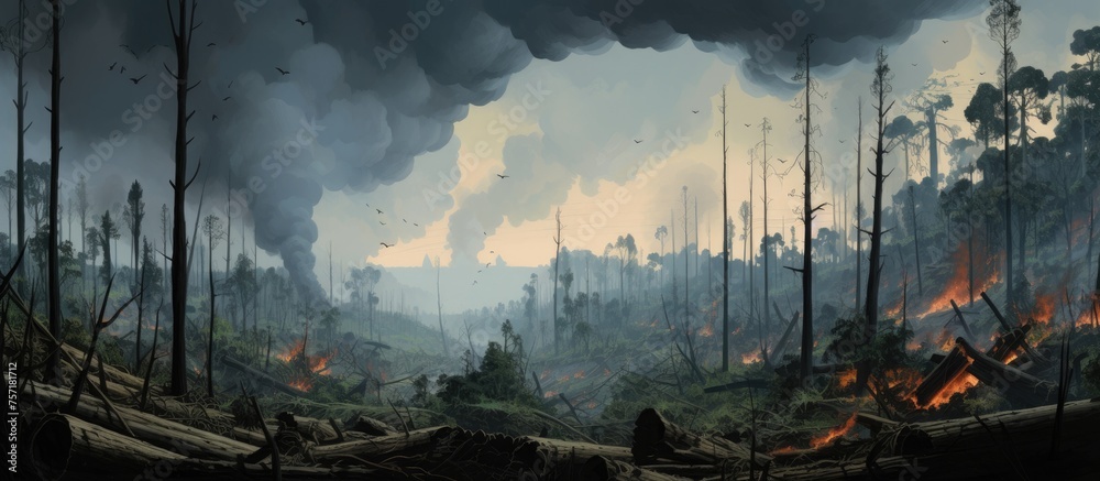 Wall mural An art piece depicting a forest fire with smoke billowing out of the trees, creating a dramatic atmosphere in the natural landscape. The cumulus clouds in the sky add to the intensity of the scene