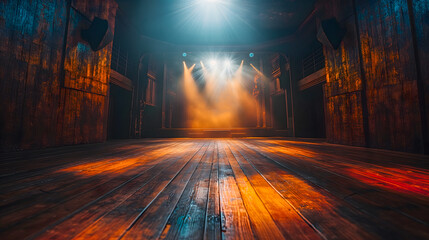 Old wooden stage illuminated by spotlights with smoke and rays of light - obrazy, fototapety, plakaty