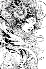 Fototapeta premium Artistic black and white drawing of a serene woman adorned with detailed floral motifs