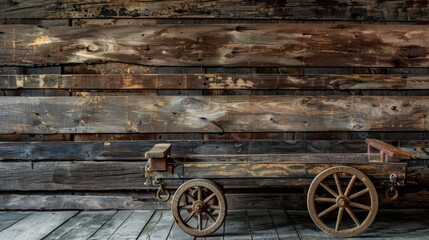 Vintage wooden wagon resting on a weathered wooden floor, showcasing rustic charm and nostalgia - obrazy, fototapety, plakaty