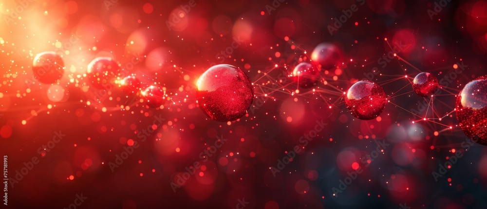 Aufkleber on a red background, there are abstract connected dots. technology concept.