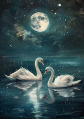 Magical Moonlit Lake with Elegant Swan Reflections in Oil Paint