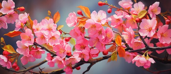 A closeup shot of a cherry blossom tree branch showcasing delicate pink flowers, petals, and twigs against a natural landscape backdrop with water nearby
