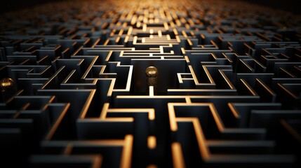 A conceptual image of a complex maze with golden edges and a central glowing sphere, symbolizing challenge and solution.