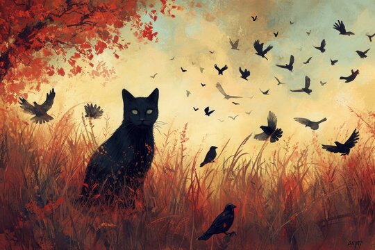 A vibrant painting of a cat surrounded by birds in a serene field, A mystical autumn field filled with black cats and crows, AI Generated