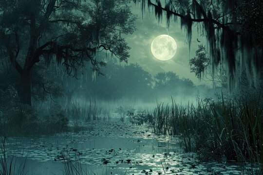 A stunning photograph of a swamp with a full moon in the background, A mystical swamp bathed in moonlight, AI Generated
