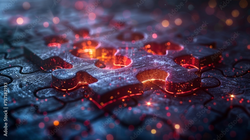 Poster An illustration of a puzzle in a digital futuristic style. A piece of the puzzle is highlighted. Modern illustration on a dark night background with light effects.