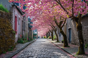 Serene Cobblestone Street With Cherry Blossom Trees, A narrow cobblestone street lined with blooming cherry blossom trees, AI Generated - Powered by Adobe