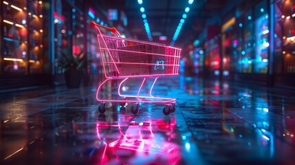 Retail innovation concept in a futuristic luminous style. Neon shopping cart with boxes, technology concept in logistics or supermarkets. - obrazy, fototapety, plakaty