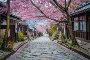 A picturesque cobblestone street adorned with blooming cherry blossom trees creates a tranquil and enchanting scene, A narrow cobblestone street lined with blooming cherry blossom trees, AI Generated