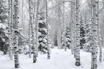 Fototapeta na wymiar Winter Wonderland, A Snow-Covered Forest Filled With Majestic Trees, A near-monochrome world of white birch trees after a snowstorm, AI Generated