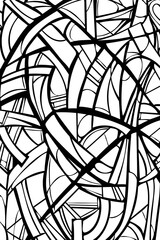 This image captures a complex web of tangled black lines on a white background, resembling a maze or network