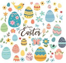 Easter spring set with cute eggs, birds, butterflies. Hand drawn flat cartoon elements. Vector illustration