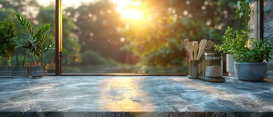 The high resolution rendering shows a close-up of the marble countertop of an island kitchen in front of a blurred background of a kitchen with appliances and utensils. - obrazy, fototapety, plakaty
